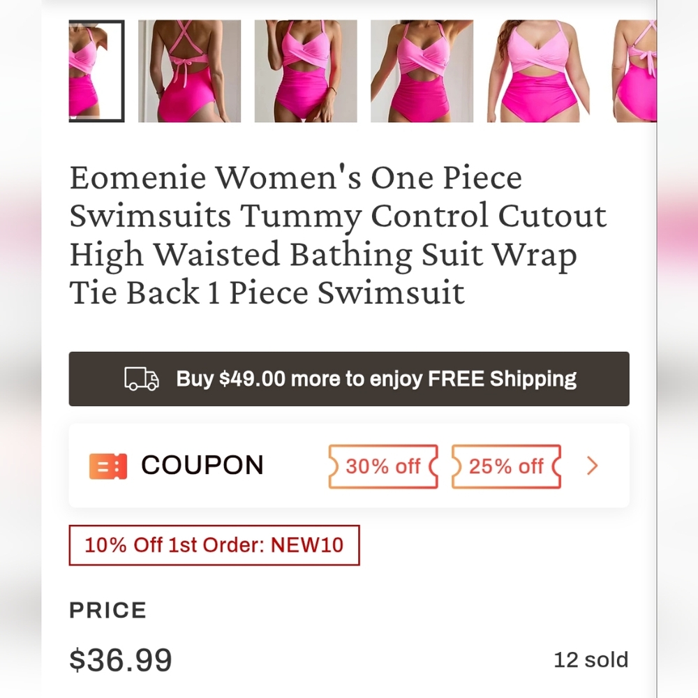 EOMENIE One Piece Pink Tummy Control Bathing Suit Size XS - Picture 11 of 11